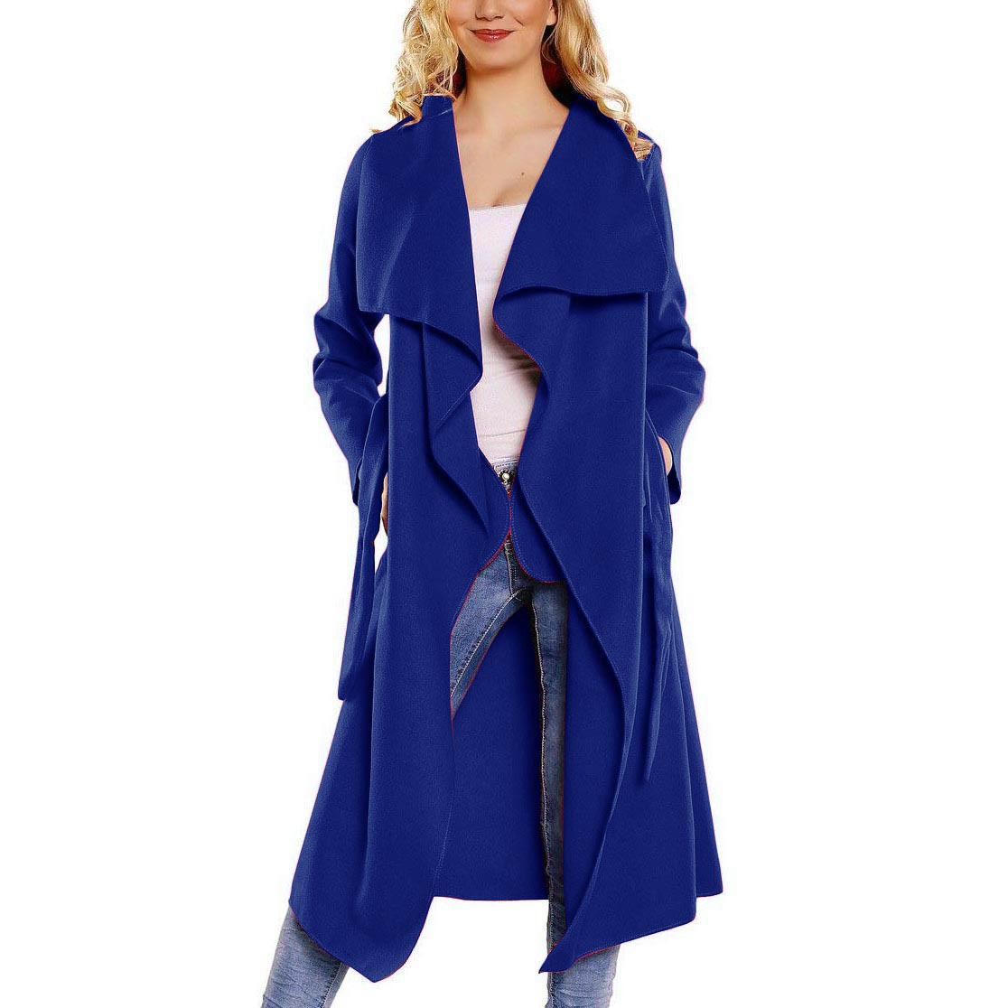 Women Wool Blend Trench Coat Autumn Winter Lapel Casual Long Sleeve Loose Cardigan Jacket Outerwear blue
