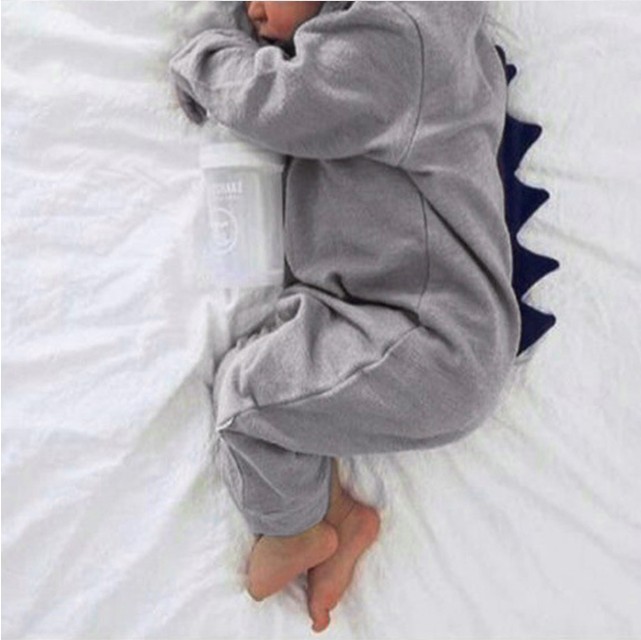 Newborn Infant Baby Boy Girl Dinosaur Hooded Romper Jumpsuit Long Sleeve Autumn Kids Outfits Clothes Gray