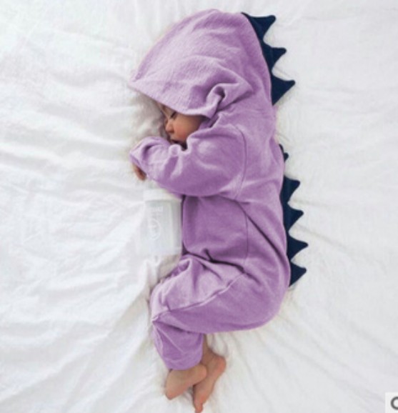 Newborn Infant Baby Boy Girl Dinosaur Hooded Romper Jumpsuit Long Sleeve Autumn Kids Outfits Clothes Lilac