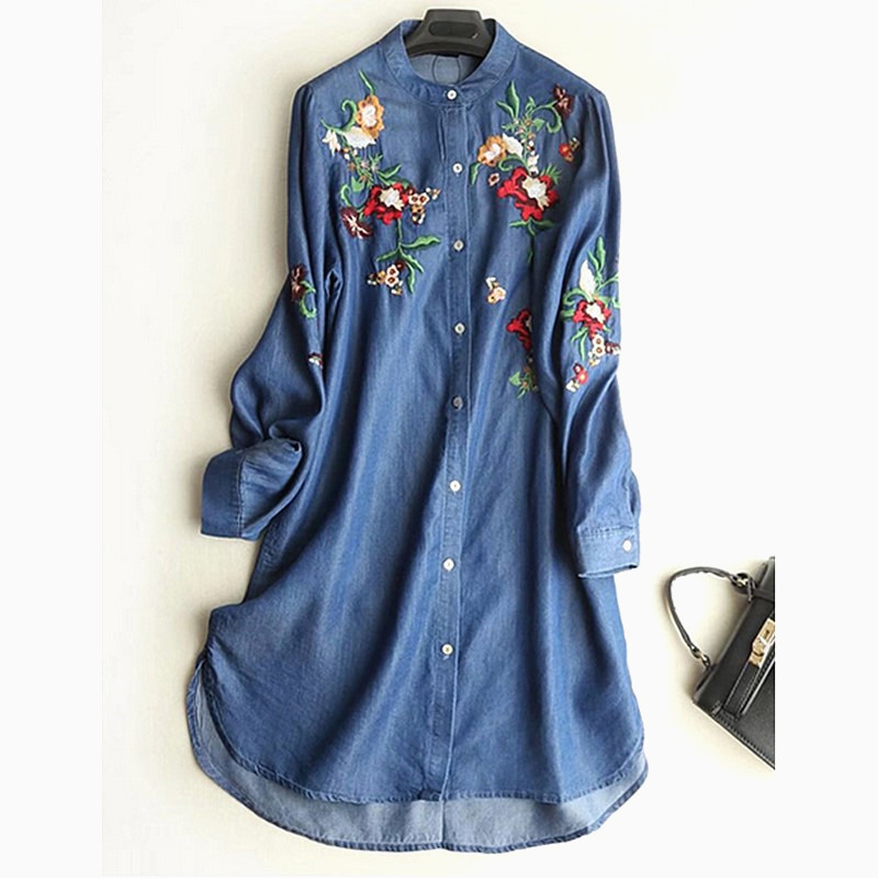 New Embroidered Short-Sleeved Shirt-Style Women Denim Dress