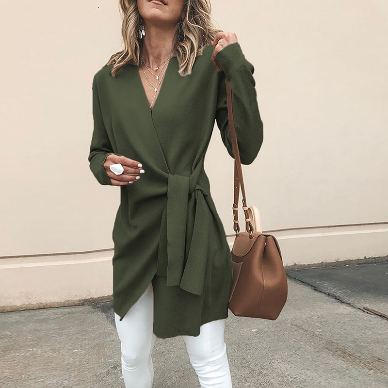  Women Slim Coat Autumn V Neck Casual Lace Up Tie Waist Long Sleeve Jacket Outwear army green