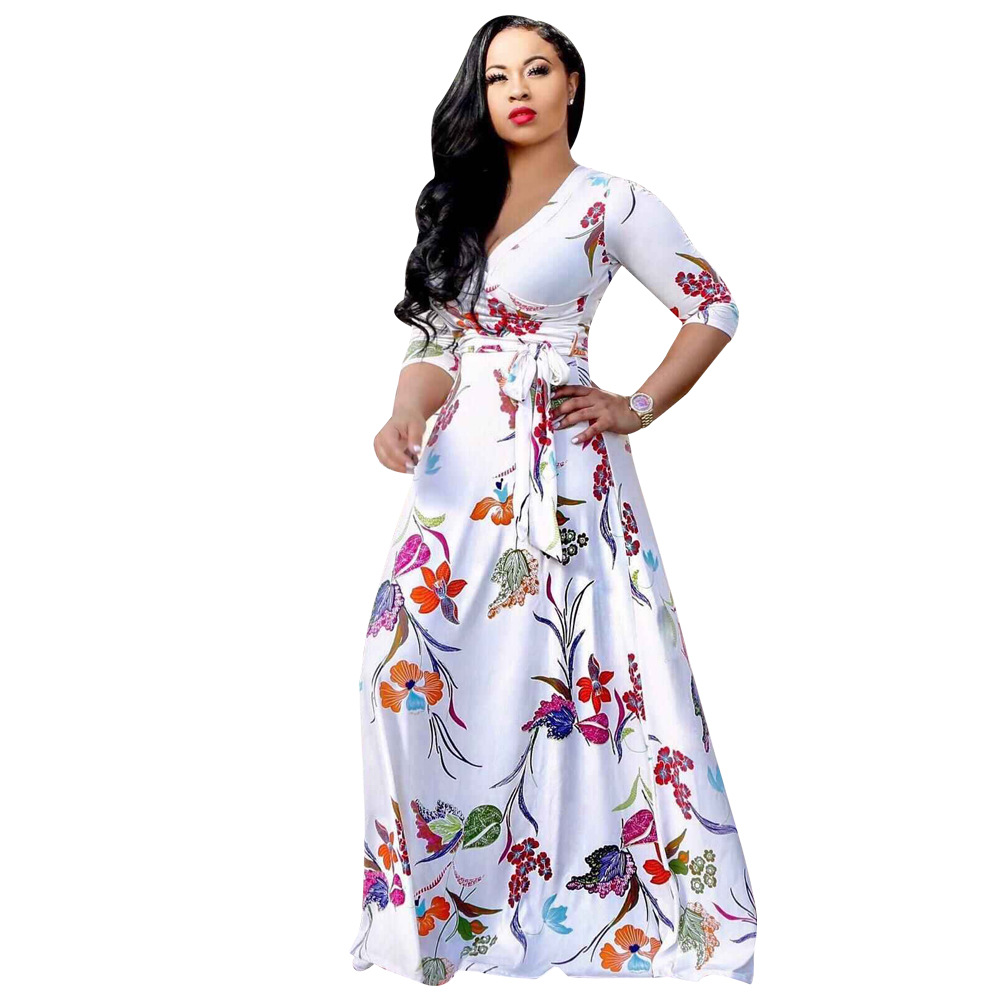 Women Floral Printed Maxi Dress V Neck Boho 3/4 Sleeve Belted Casual Beach Long Party Dress1#