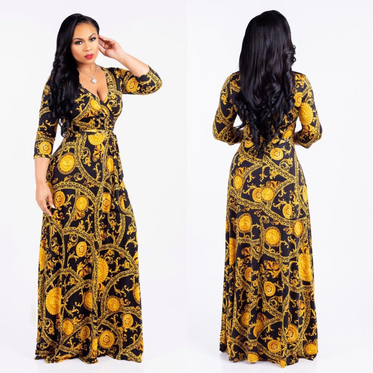 Women Floral Printed Maxi Dress V Neck Boho 3/4 Sleeve Belted Casual Beach Long Party Dress3#