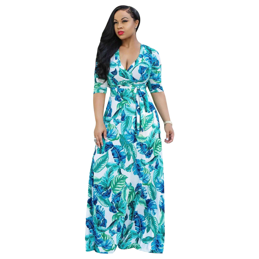  Women Floral Printed Maxi Dress V Neck Boho 3/4 Sleeve Belted Casual Beach Long Party Dress4#