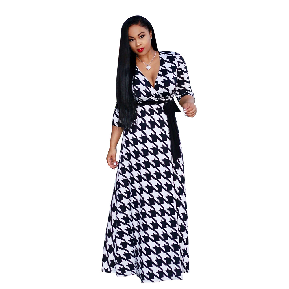 Women Floral Printed Maxi Dress V Neck Boho 3/4 Sleeve Belted Casual Beach Long Party Dress6#