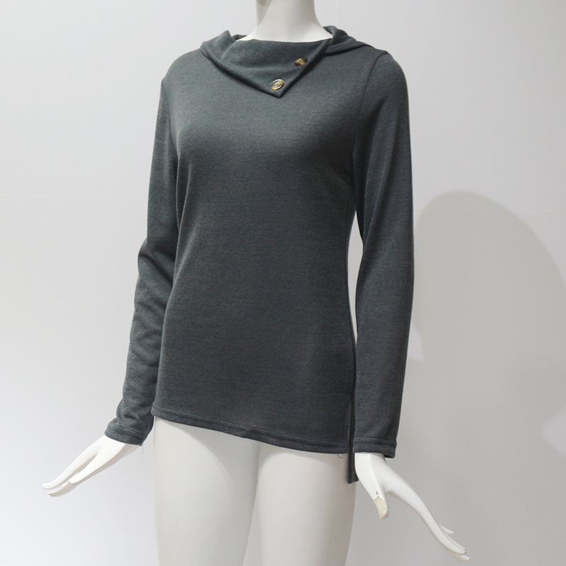 Women Pullover Tops Autumn Solid Button Double Collar Turtleneck Casual Loose Long Sleeve T-shirt Gray