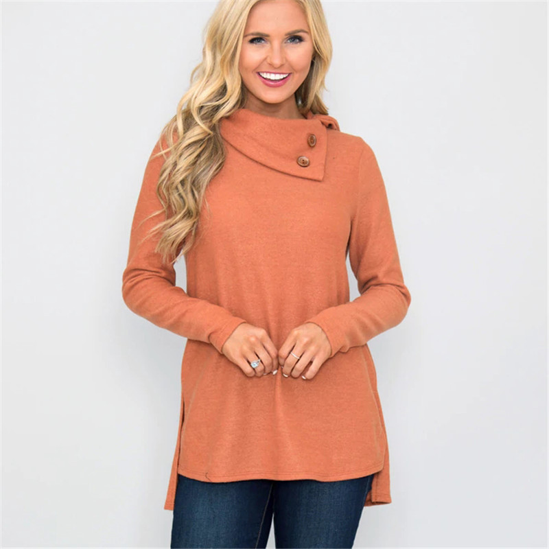 Women Pullover Tops Autumn Solid Button Double Collar Turtleneck Casual Loose Long Sleeve T-shirt Orange