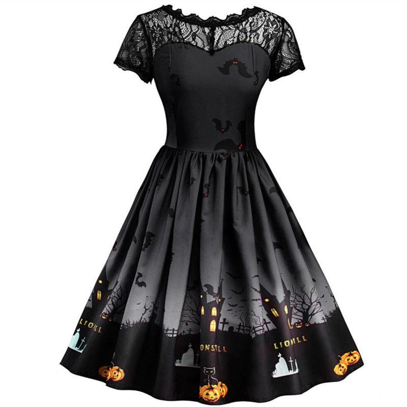 Women Printed A Line Dress Vintage Lace Short Sleeve Swing Evening Party Halloween Costume Dark Gray