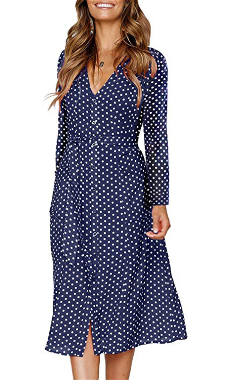 blue polka dot shirt dress