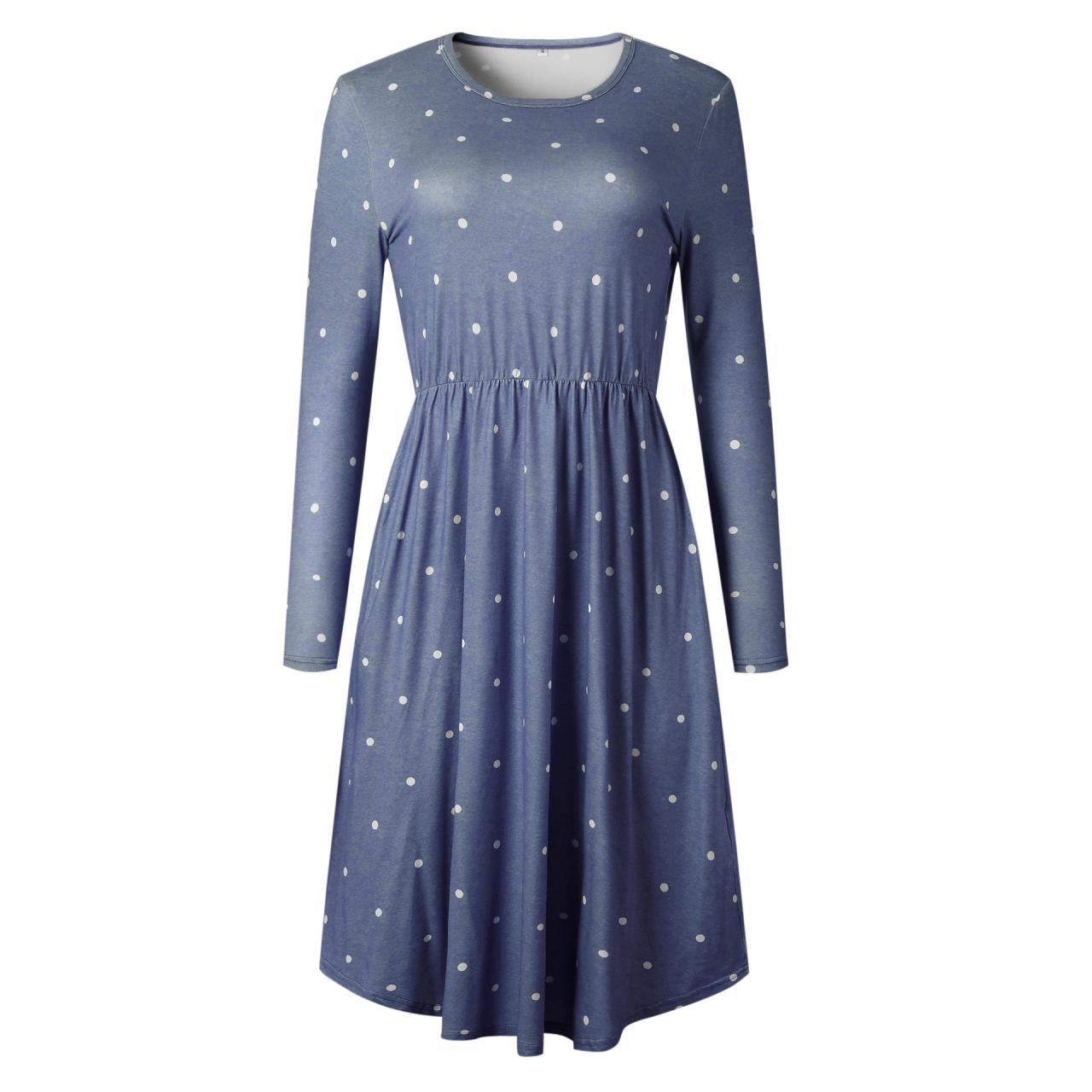 Women Casual Dress Autumn Long Sleeve Pocket Tie Streetwear Loose Striped/Floral Printed Midi Party Dress 100085-blue