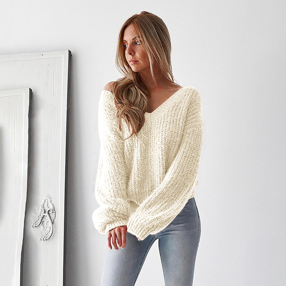 Women Knitted Sweater Autumn Winter Deep V Neck Long Sleeve Backless Loose Thicken Pullover Tops ivory
