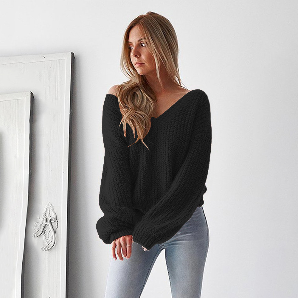 Women Knitted Sweater Autumn Winter Deep V Neck Long Sleeve Backless Loose Thicken Pullover Tops black