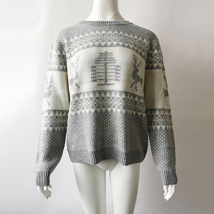 Women Knitted Sweater Christmas Deer Printed Autumn Winter Long Sleeve Casual Loose Pullover Tops gray