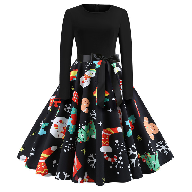 Women Christmas Dress Vintage Casual Long Sleeve Belted A Line Floral Printed Formal Party Dress 3#
