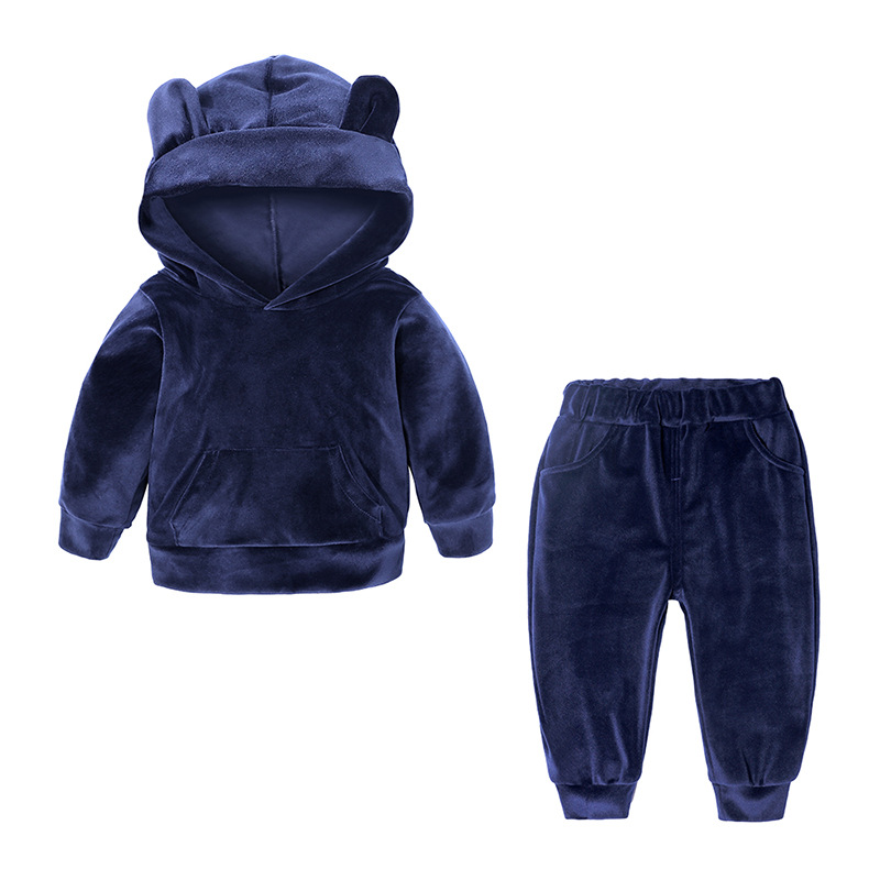 Baby Boys Girls Velvet Tracksuit Autumn Hoodie Long Pants Two Pieces Clothing Sets Children Outfits Navy Blue