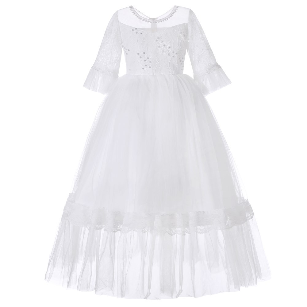 Princess Flower Girl Dress Lace Half Sleeve Kids Wedding Bridesmaid Party Long Gown Children Clothes off white