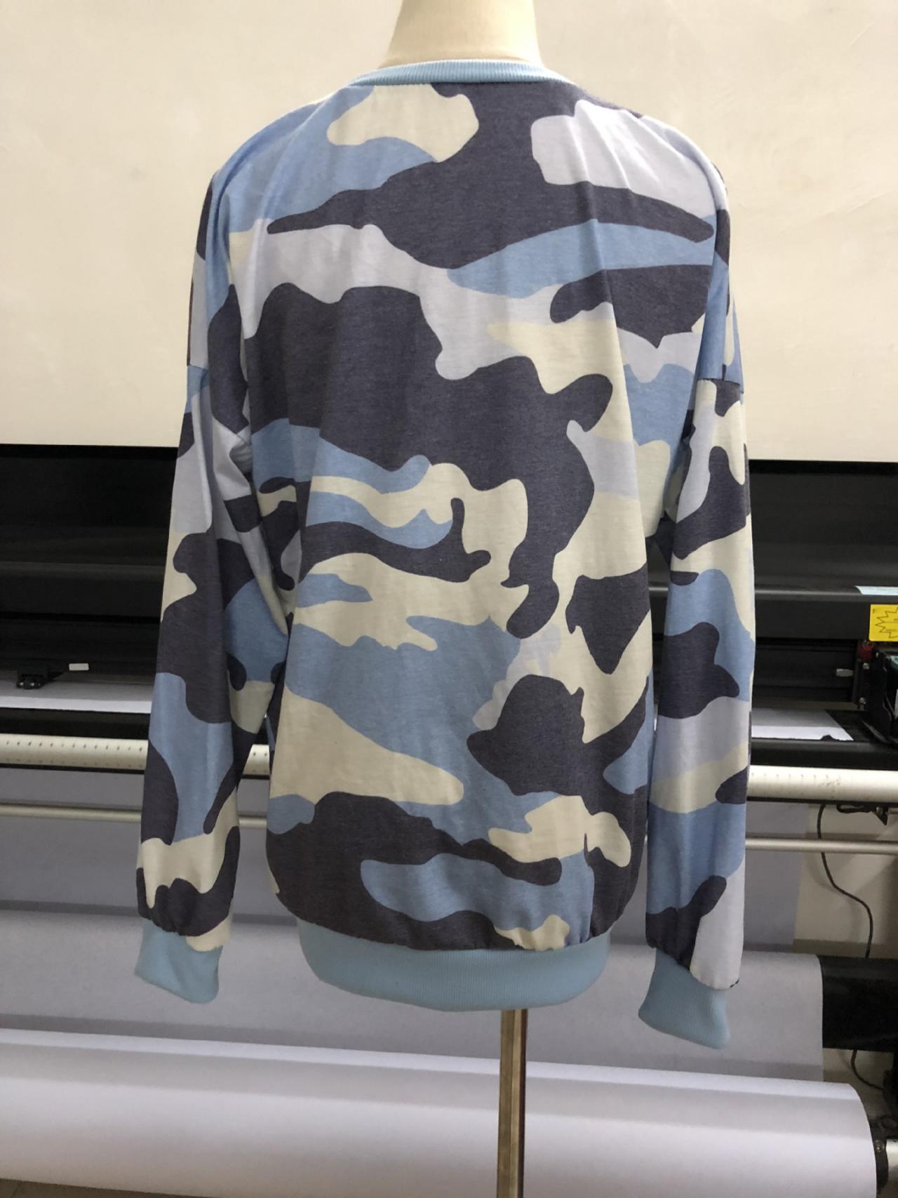 Women Camouflage Printed Sweatshirt Autumn Casual O Neck Long Sleeve Loose Pullover Tops blue