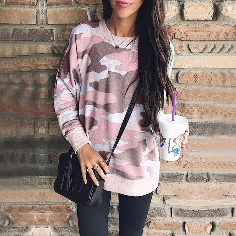 Women Camouflage Printed Sweatshirt Autumn Casual O Neck Long Sleeve Loose Pullover Tops pink