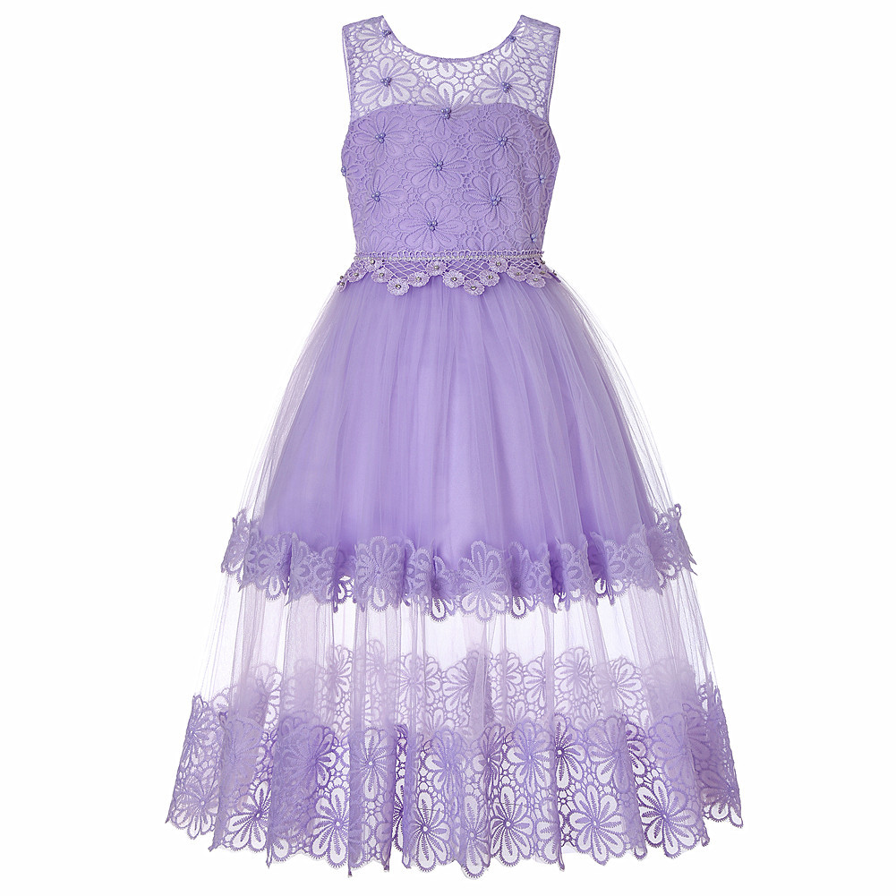 Lace Flower Girl Dress Princess Teens Wedding Formal Birthday Party Gown Children Clothes lilac