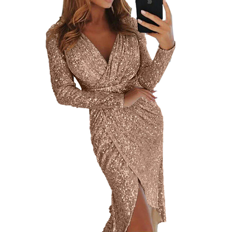 Women Sequined Dress V Neck High Split Long Sleeve Asymmetrical Bodycon Sexy Night Club Party Dress champagne