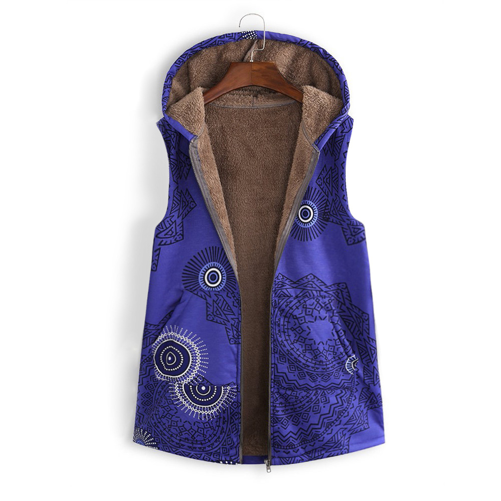 Women Floral Printed Waistcoat Winter Warm Hooded Pockets Vest Thicken Casual Plus Size Sleeveless Coat Outwear blue