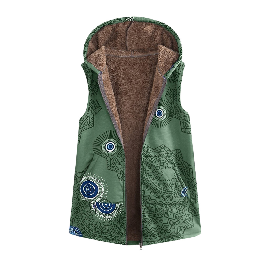 omen Floral Printed Waistcoat Winter Warm Hooded Pockets Vest Thicken Casual Plus Size Sleeveless Coat Outwear green