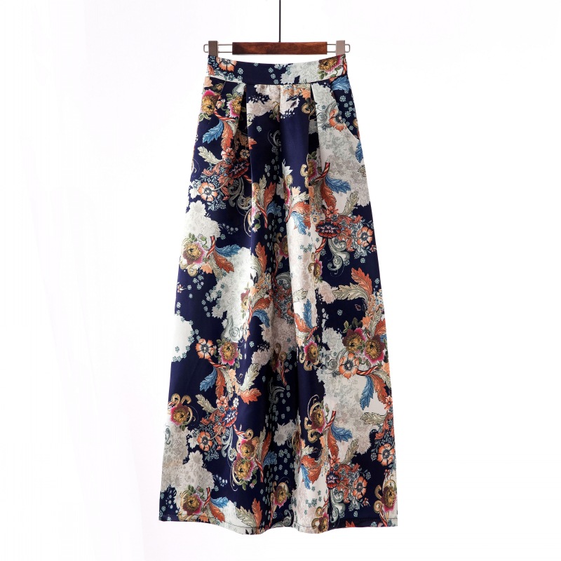  Women Floral Printed Maxi Skirt Vintage High Waist Floor Length Plus Size Pleated A Line Long Skirt 7#