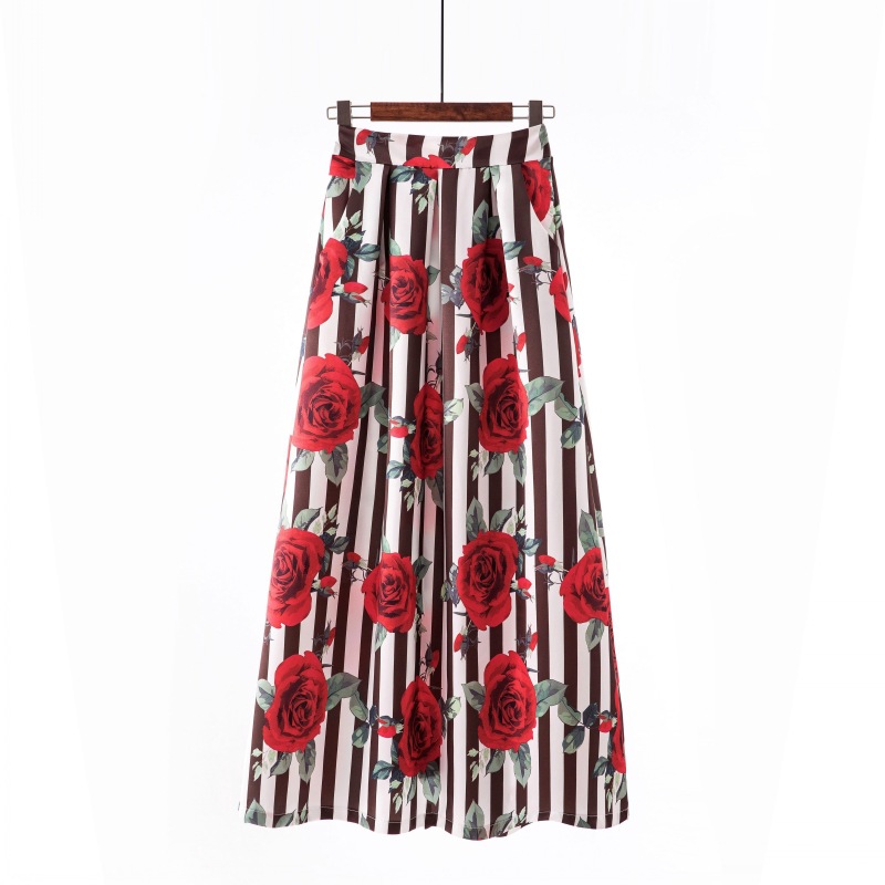 Women Floral Printed Maxi Skirt Vintage High Waist Floor Length Plus Size Pleated A Line Long Skirt 15