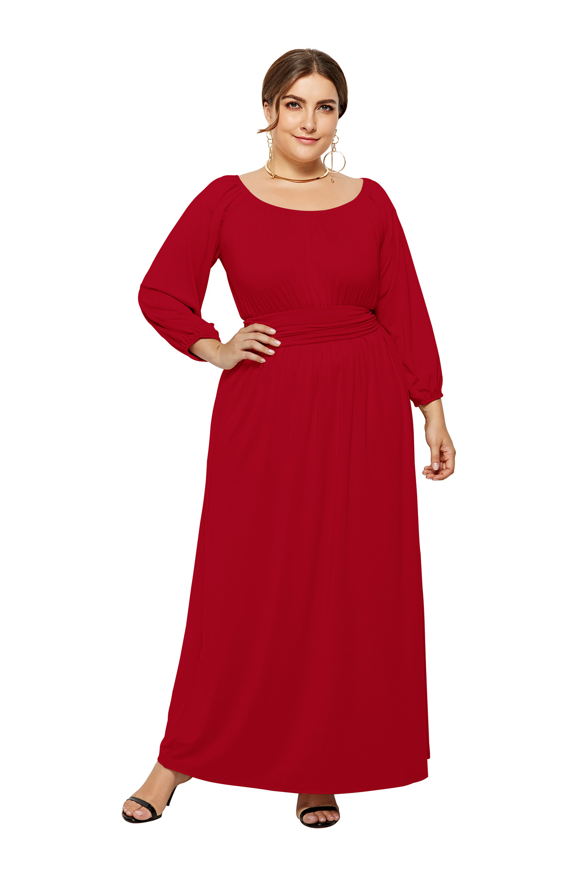 Plus Size Women Maxi Dress High Waist Long Sleeve Solid Loose Formal Party Long Dress red