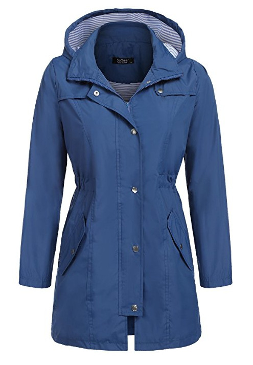 Women Casual Coat Spring Autumn Slim Hooded Waterproof Raincoat Long Jacket Windbreaker dark blue