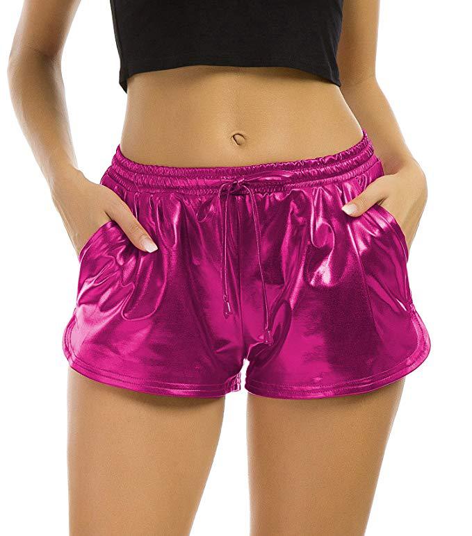 Women Metallic Shorts Shiny Drawstring High Waist Night Club Dancing Causal Shorts hot pink