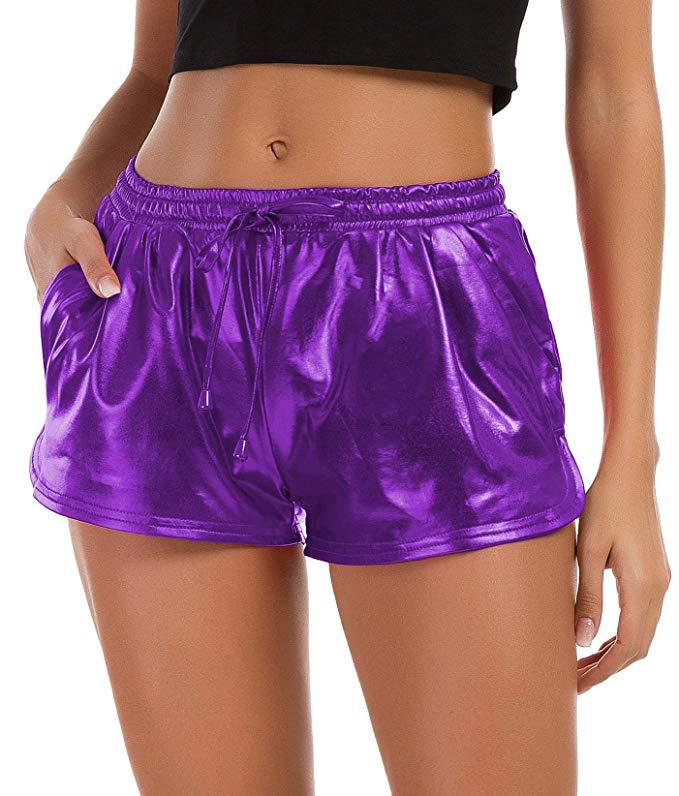 Women Metallic Shorts Shiny Drawstring High Waist Night Club Dancing Causal Shorts purple
