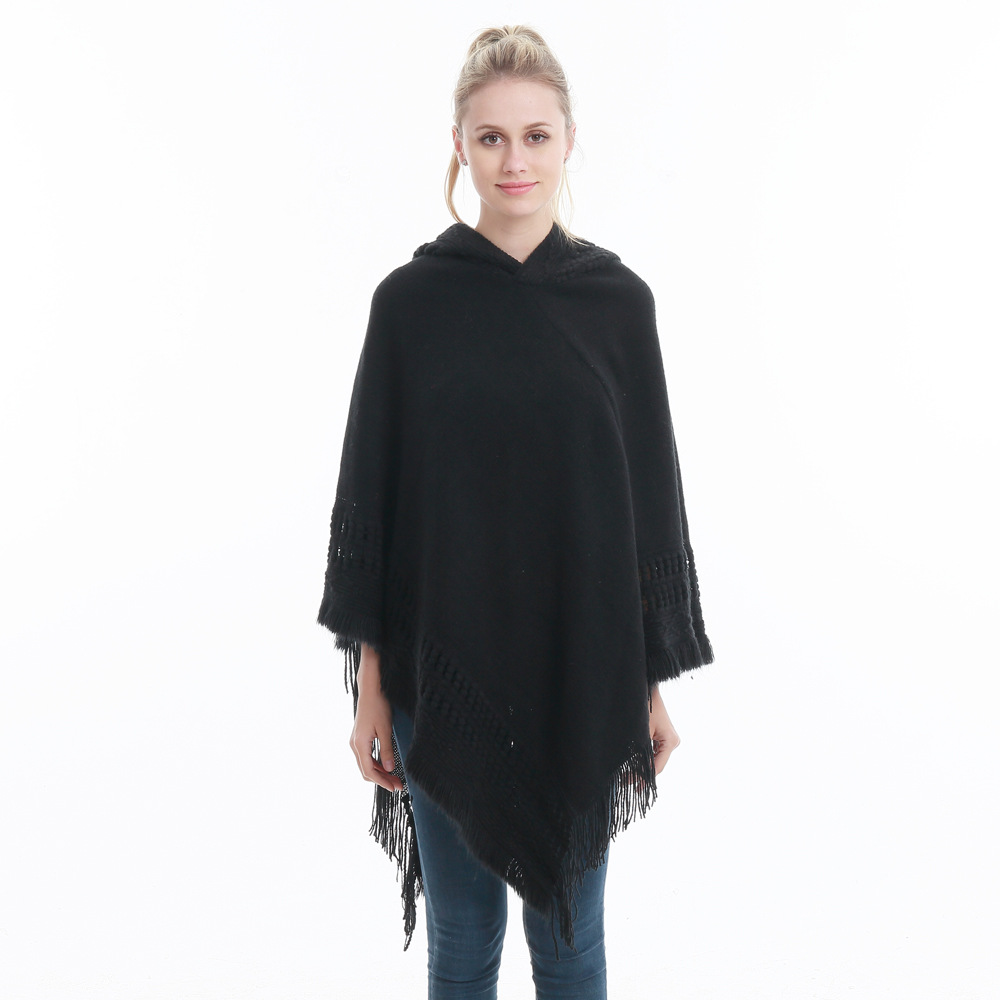  Women Tassel Cape Coat Autumn Winter Knitted Hollow out Hooded Fringe Poncho Asymmetrical Tops black