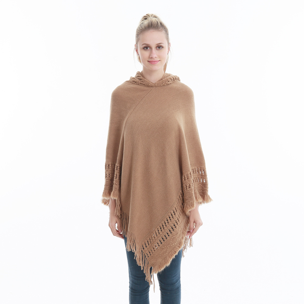 Women Tassel Cape Coat Autumn Winter Knitted Hollow out Hooded Fringe Poncho Asymmetrical Tops camel