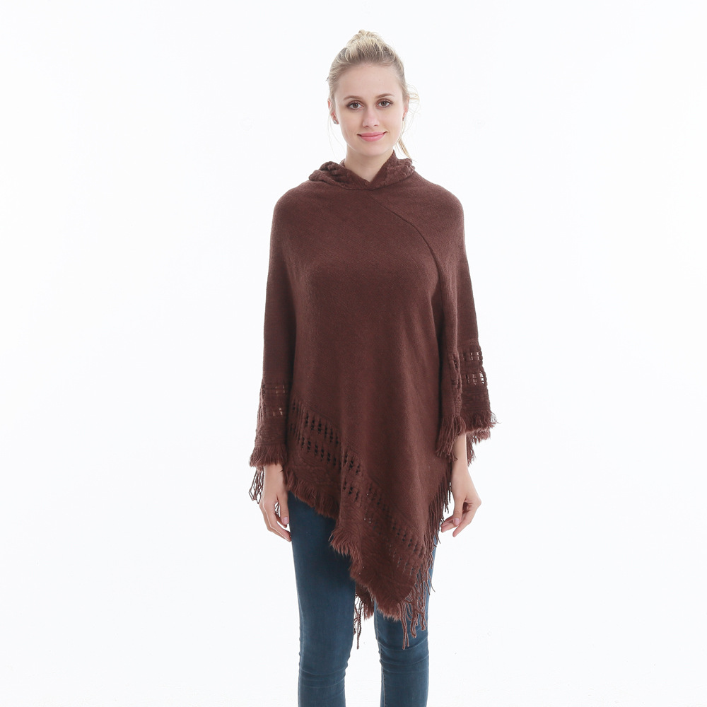 Women Tassel Cape Coat Autumn Winter Knitted Hollow Out Hooded Fringe Poncho Asymmetrical Tops Coffee