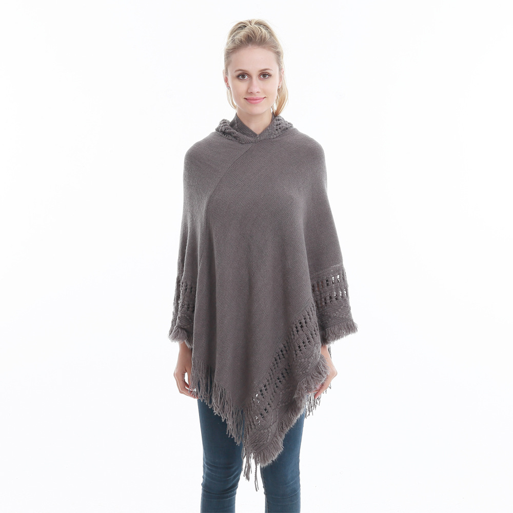 Women Tassel Cape Coat Autumn Winter Knitted Hollow Out Hooded Fringe Poncho Asymmetrical Tops Gray