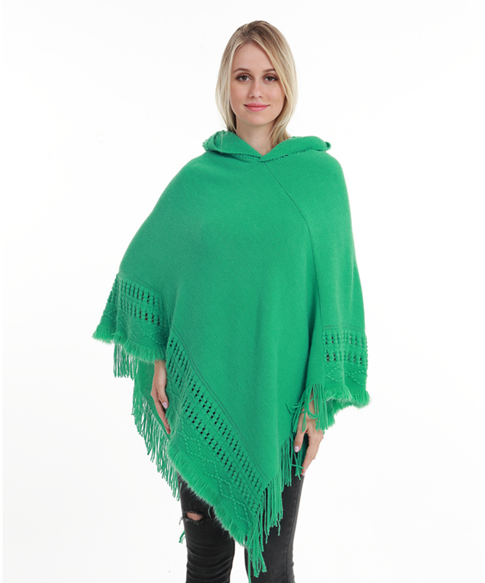  Women Tassel Cape Coat Autumn Winter Knitted Hollow out Hooded Fringe Poncho Asymmetrical Tops green