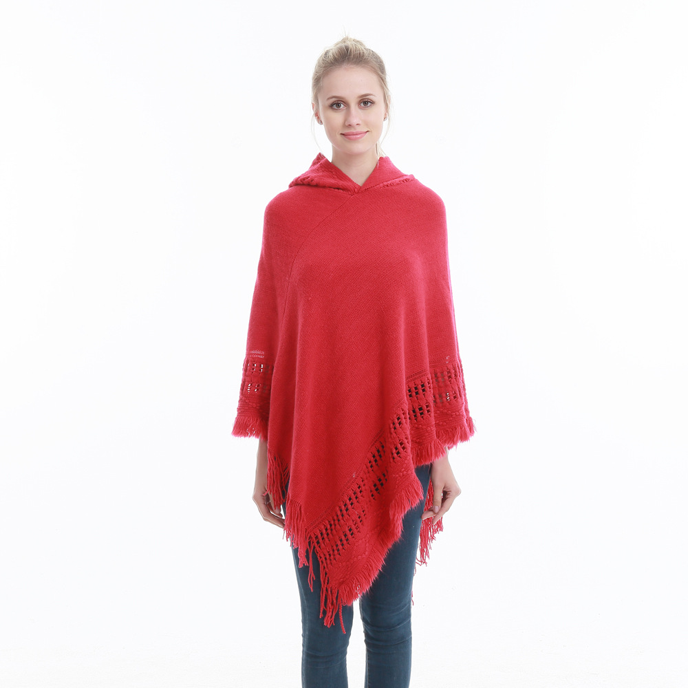Women Tassel Cape Coat Autumn Winter Knitted Hollow out Hooded Fringe Poncho Asymmetrical Tops red