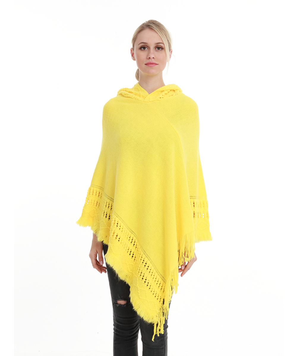 Women Tassel Cape Coat Autumn Winter Knitted Hollow out Hooded Fringe Poncho Asymmetrical Tops yellow