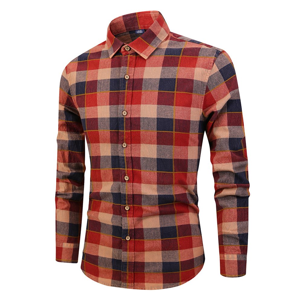 Men Plaid Printed Shirt Autumn Long Sleeve Buttons Single Breasted Casual Slim Fit Shirt red