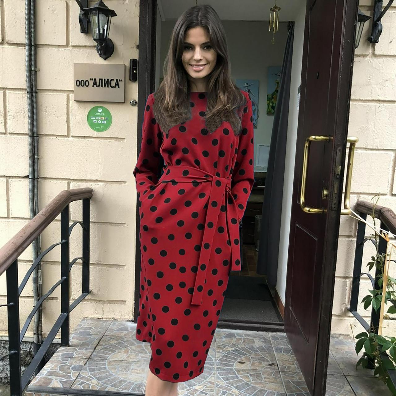 red long sleeve polka dot dress