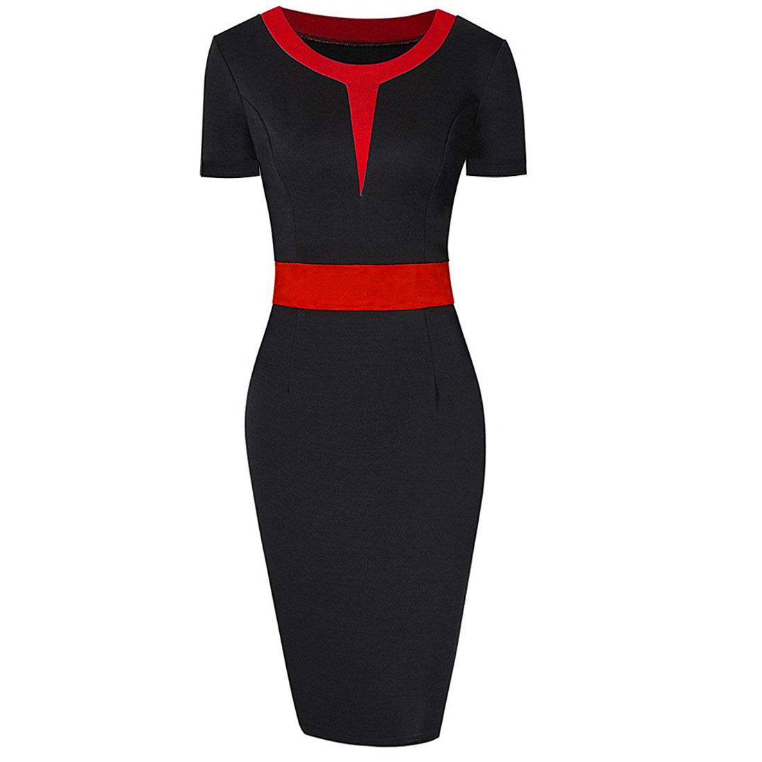  Women Pencil Dress Patchwork Contrast Color Short Sleeve Work Office Bodycon Party Dress red