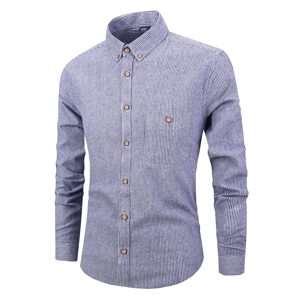 Men Striped Shirt Fashion Long Sleeve Turn-down Collar Button Casual Slim Fit Business Shirt blue