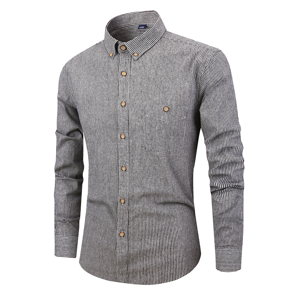  Men Striped Shirt Fashion Long Sleeve Turn-down Collar Button Casual Slim Fit Business Shirt gray