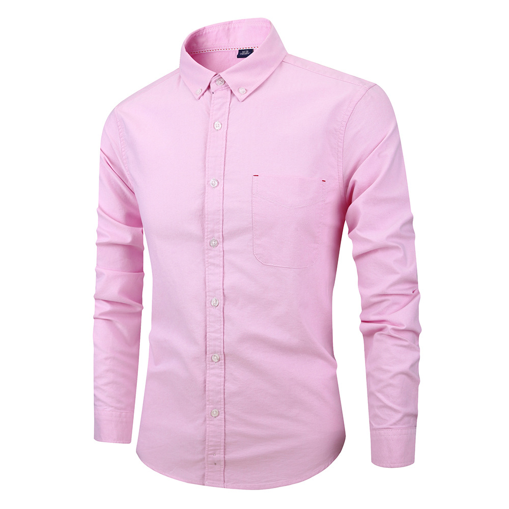 Men Shirt Fashion Long Sleeve Turn-down Collar Button Solid Cotton Casual Slim Fit Business Shirt pink
