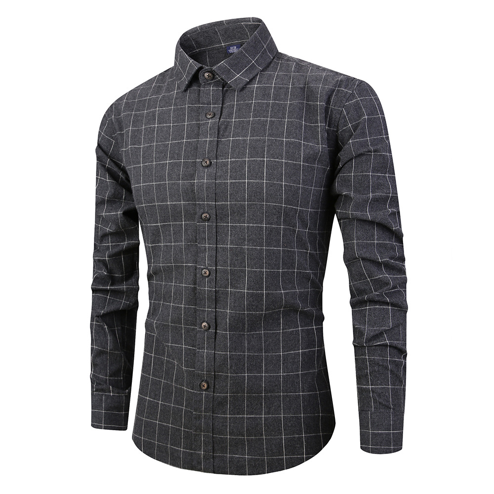 Men Plaid Shirt Spring Autumn Single Breasted Long Sleeve Cotton Slim Fit Casual Shirt black