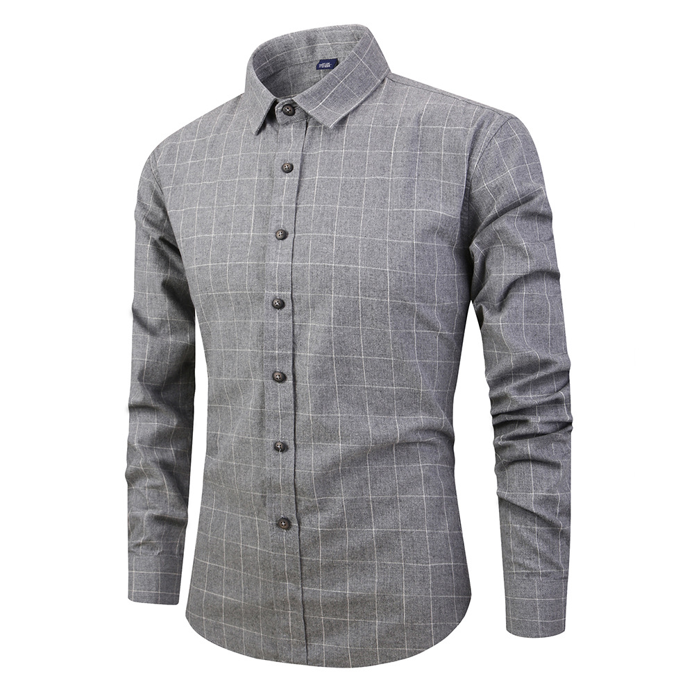  Men Plaid Shirt Spring Autumn Single Breasted Long Sleeve Cotton Slim Fit Casual Shirt gray
