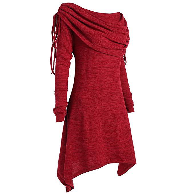  Women Asymmetric Sweatshirt Autumn Ruffles Casual Long Sleeve Slim Hoodie Pullovers Tops red