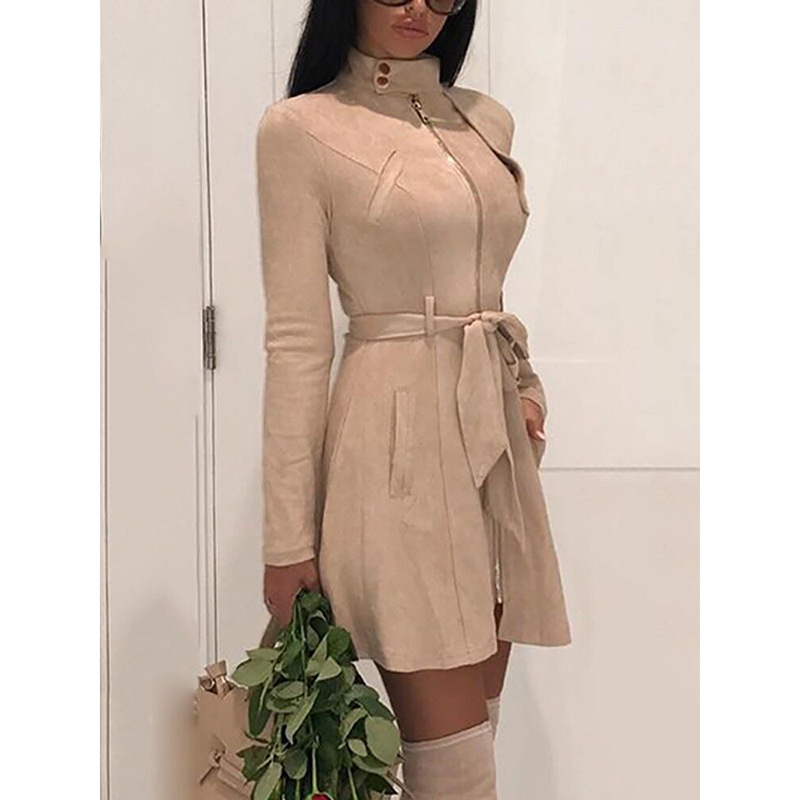 Women Faux Suede Trench Coat Spring Autumn Long Sleeve Slim Belted Jacket Outerwear khaki