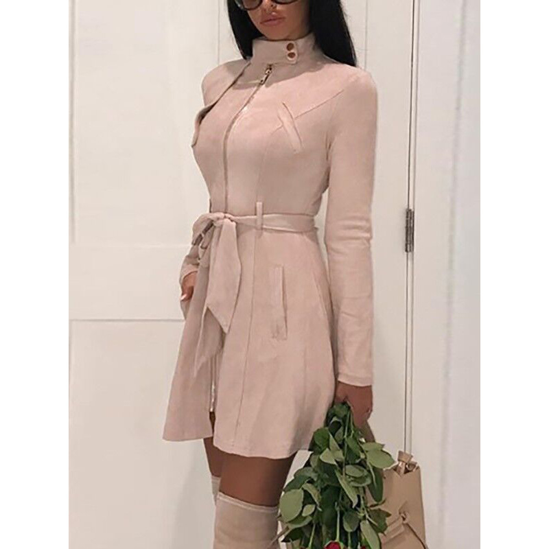 Women Faux Suede Trench Coat Spring Autumn Long Sleeve Slim Belted Jacket Outerwear pale pink